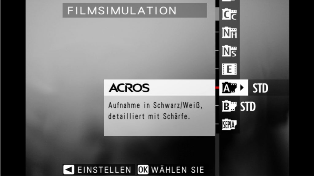 Fujifilm Filmsimulationen: 2026 Guide vom X-Photographer 4 Acros Filmsimluation im Menu