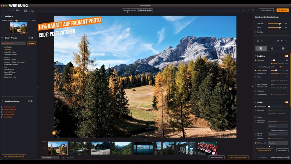 Radiant Photo Oberfläche mit Einstellungen