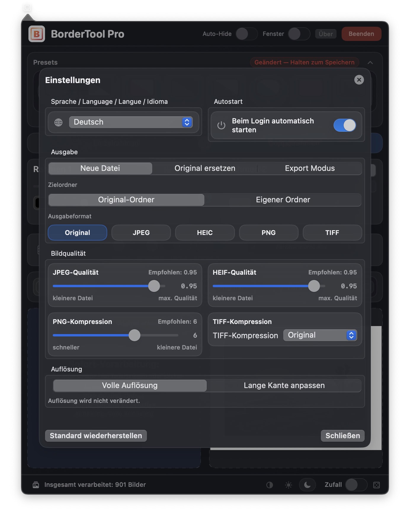 BorderTool Pro Einstellungen &ndash; Ausgabeformat JPEG HEIC PNG TIFF, Aufl&ouml;sung, Kompression, Zielordner