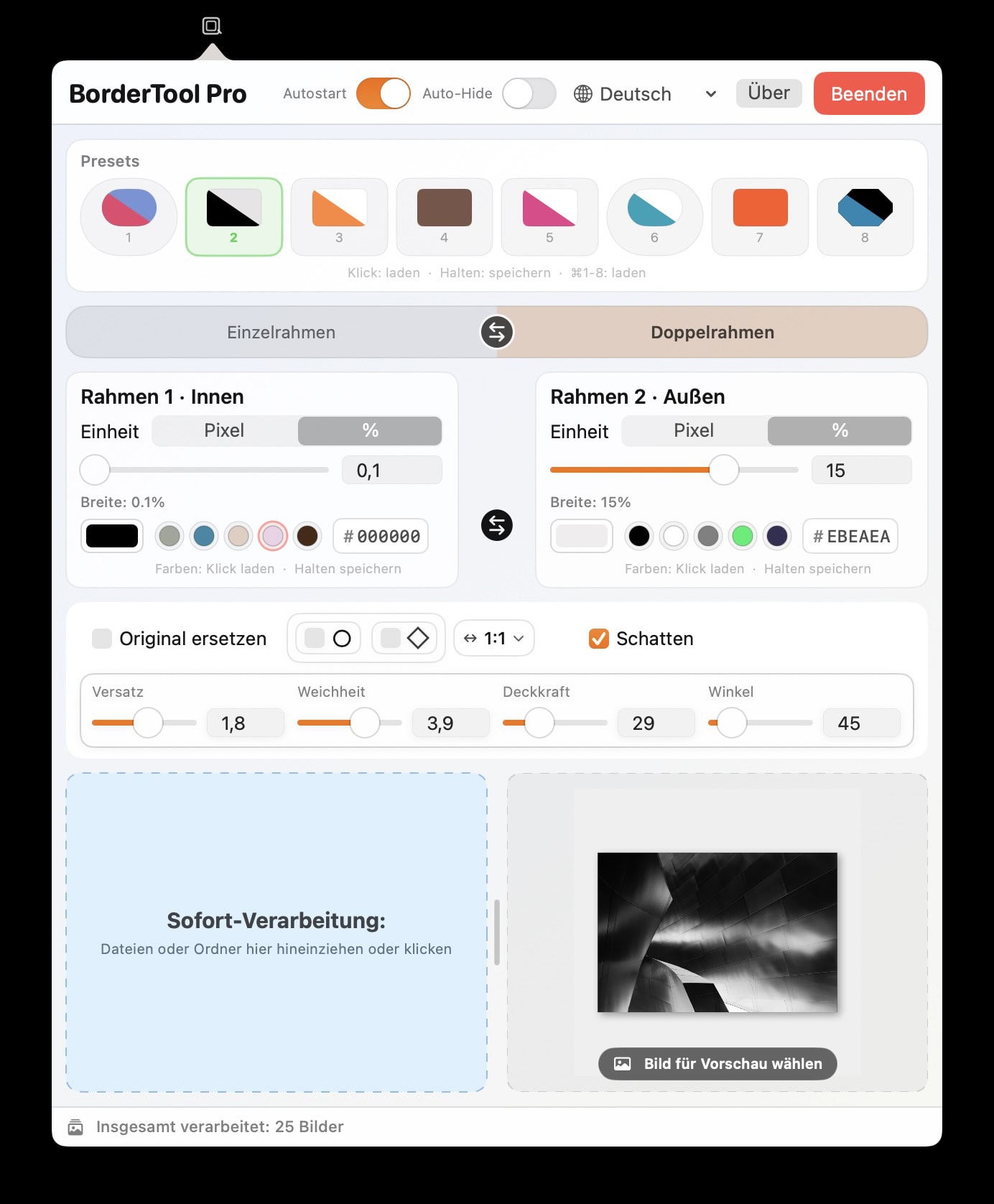 Mac BorderTool Pro GUI – Vue d'ensemble de l'app barre de menus avec presets, réglages de cadre, sélecteur de couleurs et aperçu en direct
