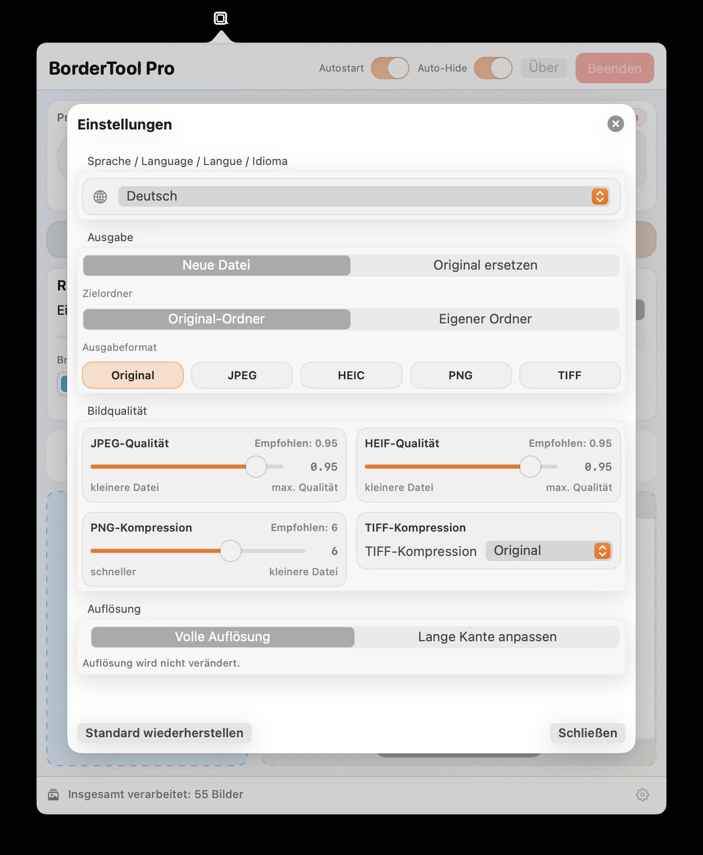 Paramètres Mac BorderTool Pro – Format de sortie JPEG HEIC PNG TIFF, résolution, compression, dossier cible