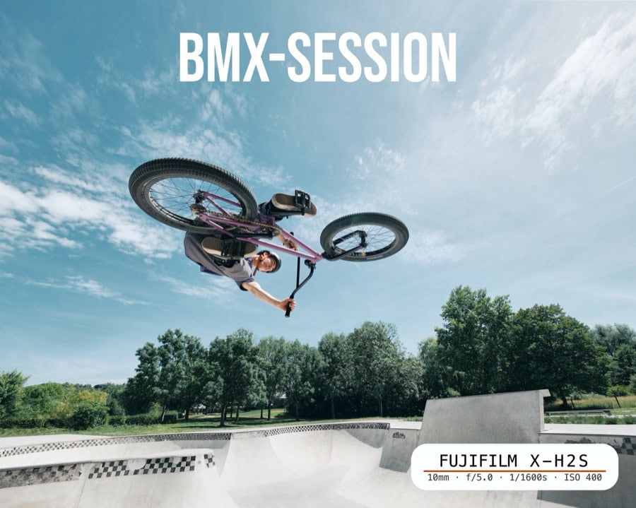 BatchMark Pro Beispiel: Fetter Titel-Text und EXIF auf Action-Foto