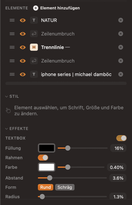 BatchMark Pro Ebenen-Panel – Textelemente, Stile und Effekte