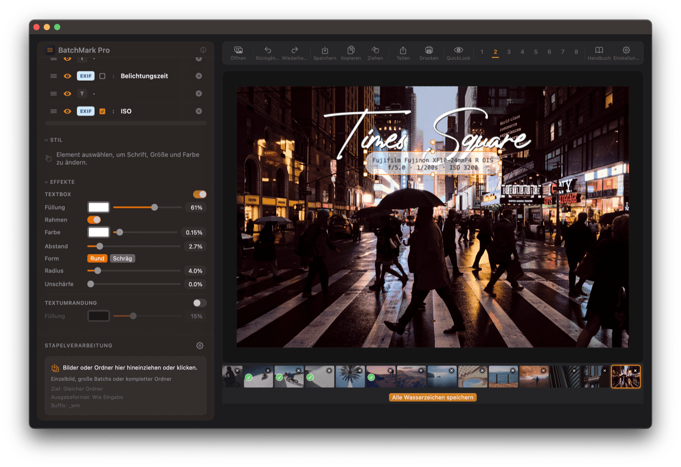 BatchMark Pro EXIF-Platzhalter in der App – Times Square Foto mit Textebenen