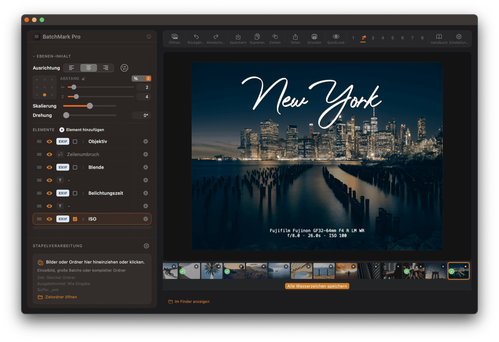 BatchMark Pro – Ebenen-Editor mit New York Skyline, EXIF-Platzhaltern und Stapelverarbeitung