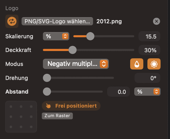 BatchMark Pro Logo-Panel – Skalierung, Deckkraft, Modus, 9-Punkt-Anker