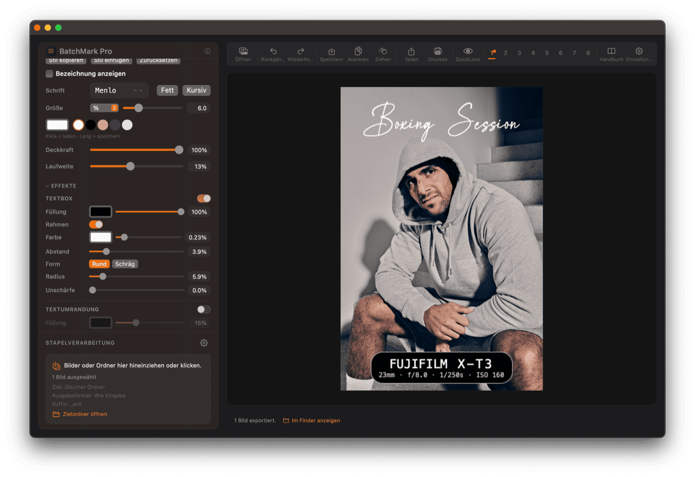 BatchMark Pro Textbox-Einstellungen – Schrift, Effekte, Hintergrundbox