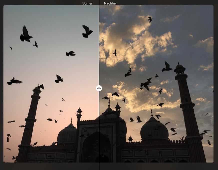 Vorher nachher Vergleich für die Sky AI von Luminar Neo. Das Ergebnis kann sich durchaus sehen lassen. 